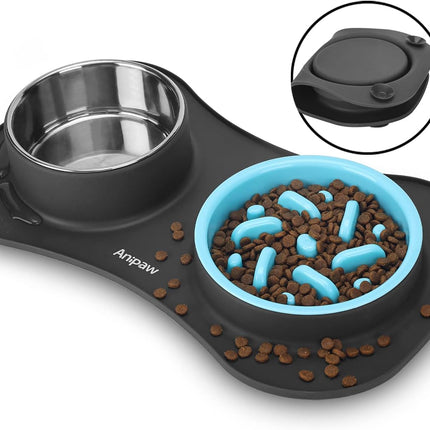 Anipaw Slow Feeder Dog Bowls 3 in 1 Stainless Steel Food and Water Bowls with No