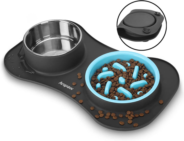 Anipaw Slow Feeder Dog Bowls 3 in 1 Stainless Steel Food and Water Bowls with No