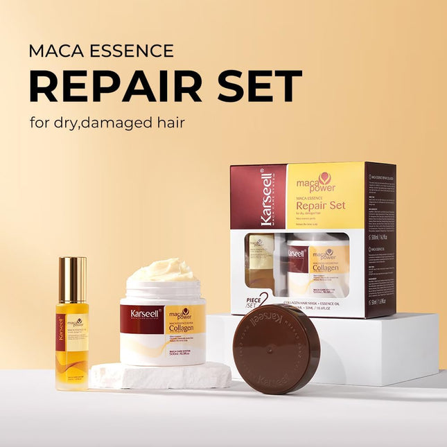 Collagen Maca Essence Repair Set, Collagen Hair Mask 500Ml & Maca Essence Hair Oil 50Ml, Argan Oil Hair Treatment for Dry Damaged Hair All Hair Types