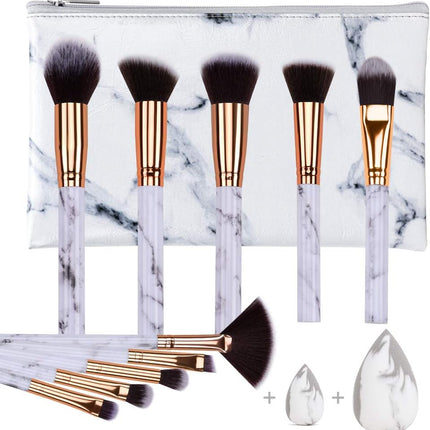 Makeup Brushes  Professional Marble Makeup Brush Set, Soft and Odor-Free Natural Synthetic Bristles,10Pcs + 2 Sponge Puff + Marble Pattern Cosmetics Bag