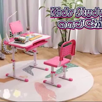 HOMCOM Kids Study Desk and Chair Set W/ USB Lamp, Adjustable Height, Pink