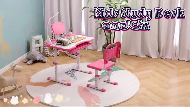 HOMCOM Kids Study Desk and Chair Set W/ USB Lamp, Adjustable Height, Pink