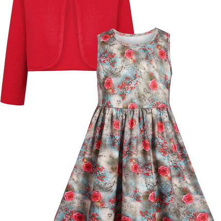 Girls Clothing Set 2 Pieces Long Sleeve Cardigan + Sleeveless Floral Print Dress Sets and Outfits