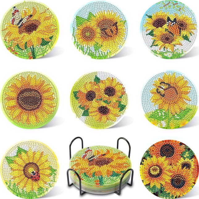 8 Pcs Sunflower Diamond Painting Coasters Kits for Drinks,Diy Diamond Art Coaster Kits for Adults Beginners with Holder,Sunflower Gem Painting Art Craft Kit for Adults.