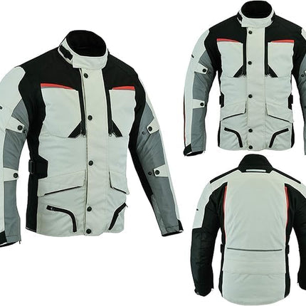 Mens Waterproof Jackets CE Armoured Motorcycle Men'S Jackets - Quick Dry Motorbike Jacket for Winter or Summer Riding - Textile Codura Fabric LIGHT GREY Colour (Large (40-42)