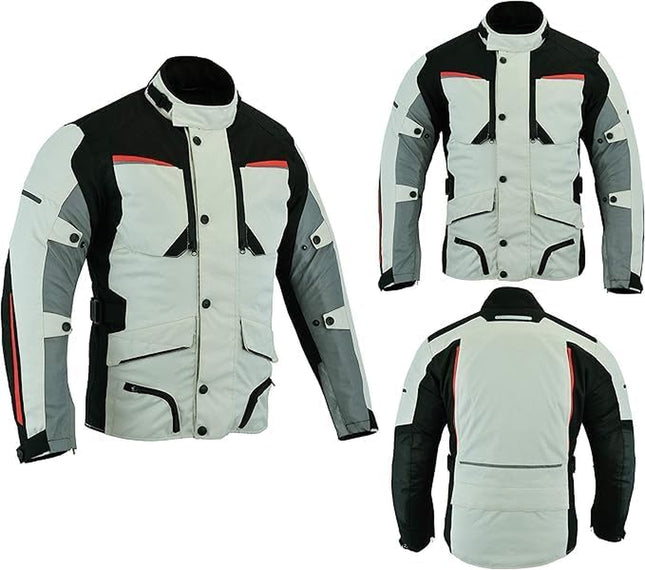 Mens Waterproof Jackets CE Armoured Motorcycle Men'S Jackets - Quick Dry Motorbike Jacket for Winter or Summer Riding - Textile Codura Fabric LIGHT GREY Colour (Large (40-42)