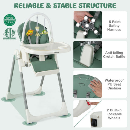 4-In-1 Foldable Baby High Chair with 7 Adjustable Heights and 4 Reclining Angles
