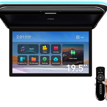 Android Car Overhead Player 19.5 Inch Octa Core Car Roof Mount Monitor Wide IPS Screen 8K Video Built-In Stereo Speakers Flip down Overhead Car Monitor Support 4G Wifi HDMI Input USB RCA Input