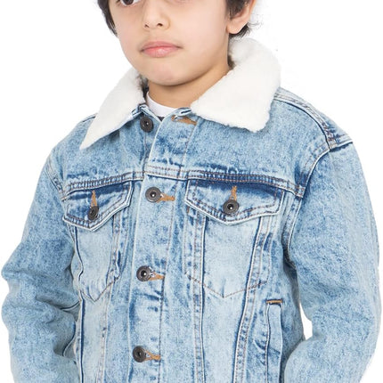 Boy’S Trucker Denim Jacket Detachable Sherpa Collar Washed Denim Classic Western Style Jean Coat UK Sizes 5-13 Years