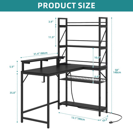 L-Shaped Gaming Desk - Black 106Cm Corner Desk with Power Outlets, LED Lights & Storage Shelves for Home Office