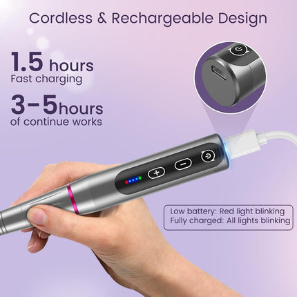 Electric Nail Files, Cordless Nail Drill Rechargeable, 5 Adjustable Speed E File, Professional Electric Nail Drill for Acrylic Nails with 20000 RPM, Portable Manicure Pedicure Kit Gifts for Women Mum