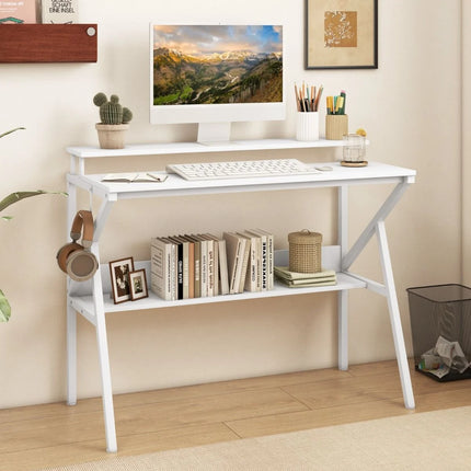 Space Saving Computer Desk with Monitor Stand and Open Shelf