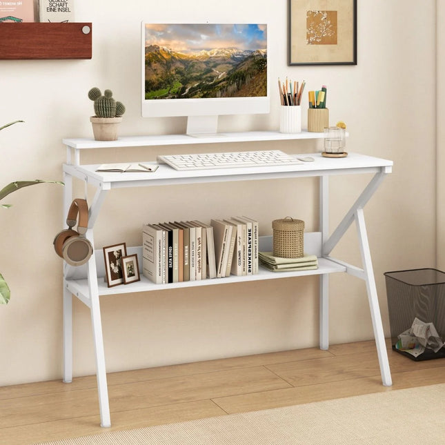 Space Saving Computer Desk with Monitor Stand and Open Shelf