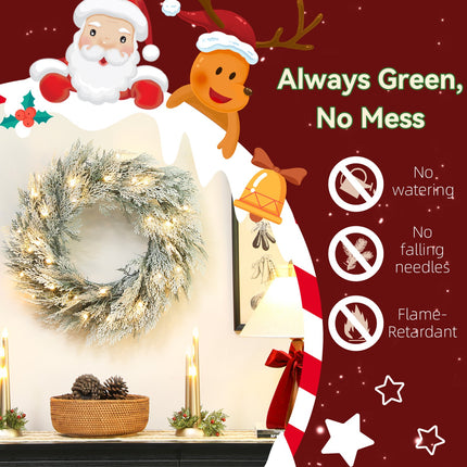 HOMCOM 60 Cm Prelit Christmas Wreath, Flocked Front Door Wreath with Timer
