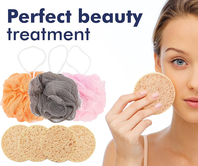 Eco-Friendly Makeup Remover Pads & XL Bath Loofah Set – Reusable Facial Sponges & Exfoliating Shower Puff – Gentle Skincare for Sensitive Skin – 7-Piece Bathing Kit