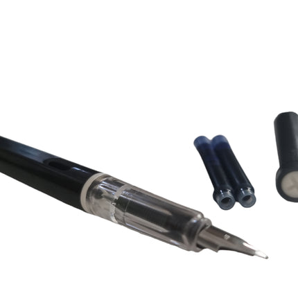 Fountain Pen Blue Ink Medium Writing Nib with Lid and 2 Cartridges Black Plastic