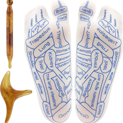 Foot Massage Reflexology Socks with 2 Trigger Point Massage Tool, Acupressure Pressure Point Socks Set Toe Separate Finger-Pressing Charts Socks for Uncomfortable Feet (Women)
