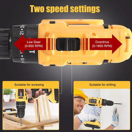 29PCS Cordless Screwdriver Set 21V Cordless Impact Drill Tool Set 2 Batteries