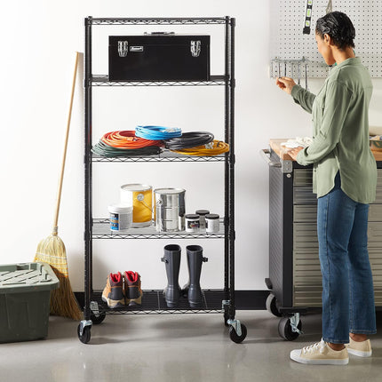 5-Shelf Medium Storage Unit on 4-Inch Casters with Height Adjustable Shelves and Levelling Feet - 680Kg Max Weight, Black, 76.2 Cm D X 35.6 Cm W X 164.5 Cm H