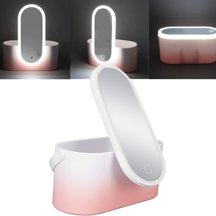 Makeup Case Pink Gradient Portable Large Capacity Foldable Rotating LED Light Makeup Storage Box with Makeup Mirror Smart Chargeable for Home Travel Use