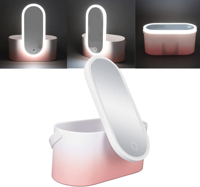 Makeup Case Pink Gradient Portable Large Capacity Foldable Rotating LED Light Makeup Storage Box with Makeup Mirror Smart Chargeable for Home Travel Use