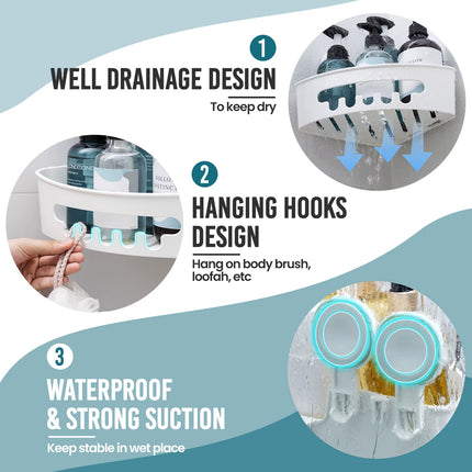 Corner Shower Caddy Suction Cup No-Drilling Removable Shower Caddy Basket Powerful Suction Bathroom Shower Shelf Organizer