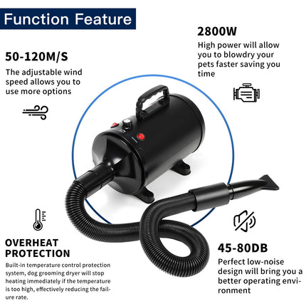 2800W Dog Hair Dryer Pet Grooming Blaster Blower Dryer 5 Nozzles Blaster Xhksece