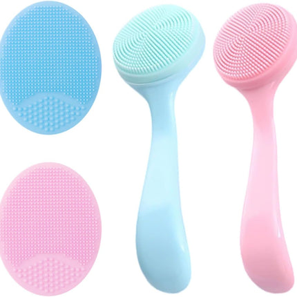 4 Pieces Manual Soft Facial Cleansing Brush, Handle Facial Cleansing Brush, Facial Exfoliating Brush, Silicone Face Scrubber, Facial Silicone Scrubber (Blue, Pink)