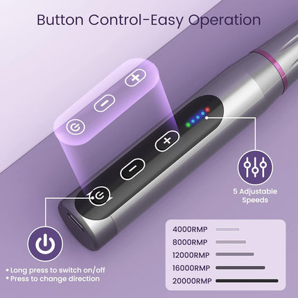 Electric Nail Files, Cordless Nail Drill Rechargeable, 5 Adjustable Speed E File, Professional Electric Nail Drill for Acrylic Nails with 20000 RPM, Portable Manicure Pedicure Kit Gifts for Women Mum