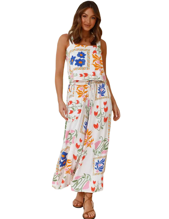 Womens Boho Floral Summer 2 Piece Outfits Tank and Wide Leg Pants Set Vacation Outfits