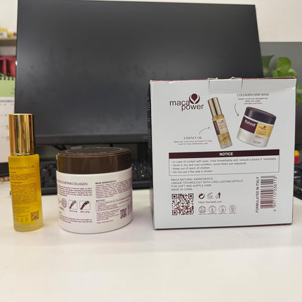 Collagen Maca Essence Repair Set, Collagen Hair Mask 500Ml & Maca Essence Hair Oil 50Ml, Argan Oil Hair Treatment for Dry Damaged Hair All Hair Types