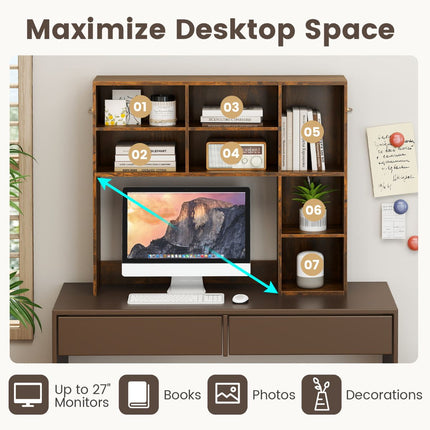 Desktop Bookshelf with 3 Adjustable Shelves and Open Compartment