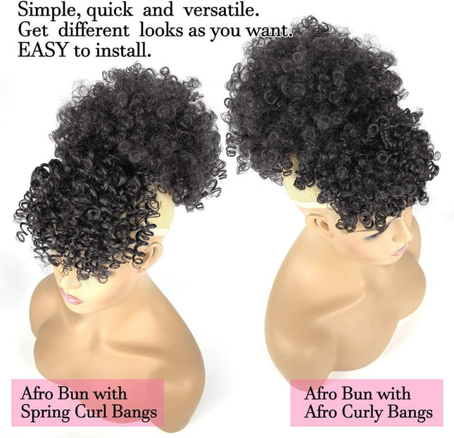 Afro Puff Drawstring Ponytail with Bangs Pineapple Updo Hair for African American Women,Short Kinky Curly Ponytail Bun with 2 Replaceable Bangs(#1B-Black)