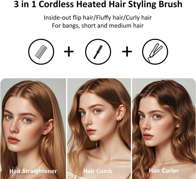 Cordless Hair Curler, 3 in 1 Cordless Hair Styler 40Mm, Portable Cordless Hot Brush with 4 Temperatures, 7000 Mah USB Rechargeable Hot Hair Curler (Gold)