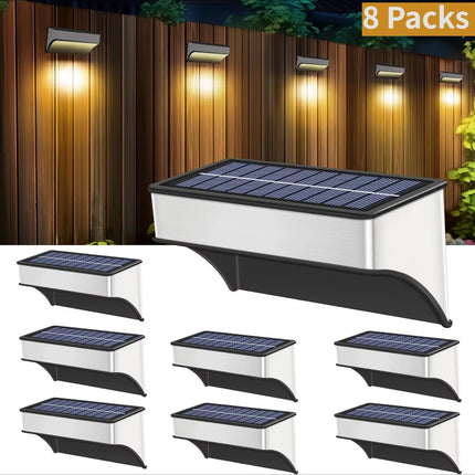 8Pack Solar Lights Outdoor Waterproof Solar Fence Lights 8 Modes RGB Solar Stainless Steel Wall Lamp for Yard Garden Fence Decor