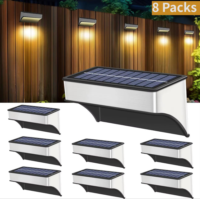 8Pack Solar Lights Outdoor Waterproof Solar Fence Lights 8 Modes RGB Solar Stainless Steel Wall Lamp for Yard Garden Fence Decor