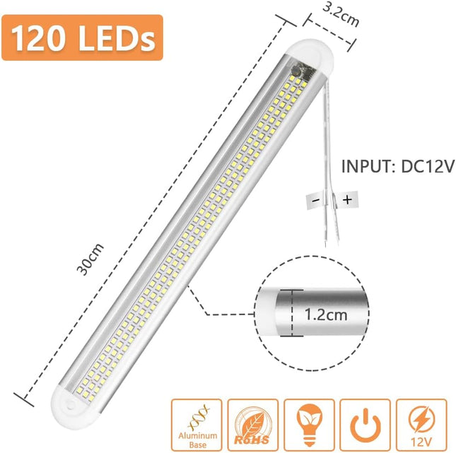 12V Interior LED Light Bar, 120 LED Universal Strip Light with ON/OFF Switch and Extension Cord, White Lamp for Van Car Auto Camper Bus Caravan Boat RV Kitchen Bathroom Cabinet (2 Pack)
