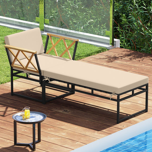 2 Pieces Patio Furniture Set with Cushion and Acacia Wood Armrests