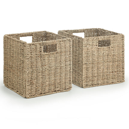 Set of 2 Foldable Seagrass or Water Hyacinth Storage Baskets with Inset Handles