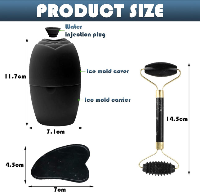 Gua Sha Stone and Face Roller, Gua Sha Set and Ice Face Rollers, Massage Tool for Skin Care Routine, Guasha Tool, Neck and Body Muscle, Fface Massager Roller, Facial Ice Rollers, Black