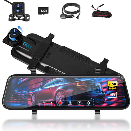 Mirror Dash Cam, 10'' Full Touch Screen Dual Dash Cam 2.5K Front and Rear Camera