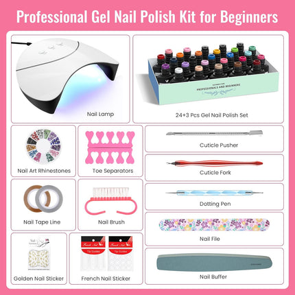 Gel Nail Polish Set with Lamp Starter Kit 24 Colours Gel Nail Kit with U V Light Red Pink Blue Gels Polish Set with Base Top Coat Nails Salon Set Gifts for Women
