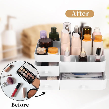 Large Makeup Organiser with Drawers, Skincare and Cosmetics Storage Box, Dressing Table Organiser for Lotions, Lipsticks, Eyeshadows, Vanity Desk Storage, Bathroom and Home Organiser, White