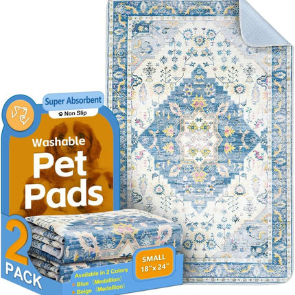 Washable Pee Pads for Dogs 2 Pack Reusable Puppy Training Pads 24"X18" Super Absorbent Waterproof Dog Training Pads, Non-Slip Potty Pads Whelping Pads Litter Mat Pet Supplies Blue