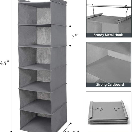 6 Tier Shelf Hanging Closet Organizer, Closet Hanging Shelf with 2 Sturdy Hooks for Storage, Foldable (Grey)