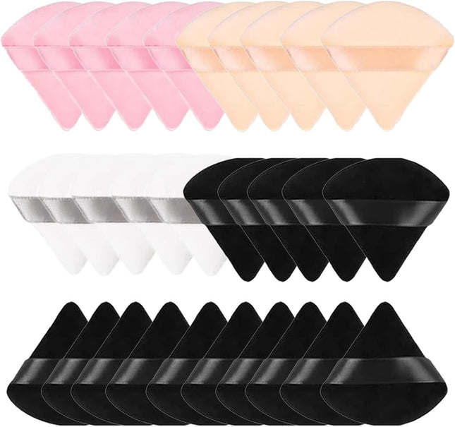 30 Triangle Powder Puffs, Reusable with Strap, Wet Dry Dual-Use Face Make up Cosmetics Cleansing Beauty