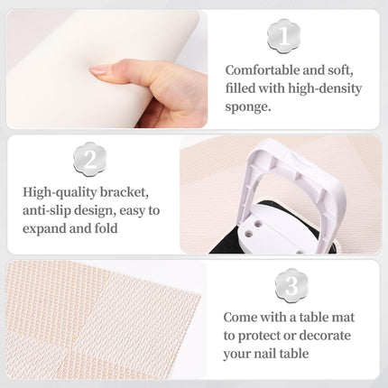 Nail Arm Rest for Nail Tech, Foldable Hand Stand for Nail Tech with PVC Table Mat Microfiber Leather Nail Arm Rest with Bracket Manicure Arm Rest for Nail Salon Technician (White)