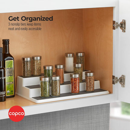 3-Tier Non-Skid Spice Rack Organizer for Kitchen Cabinet or Pantry, 15-Inch Tiered Shelf, White/Gray, Slip-Resistant Design for Jars and Bottles