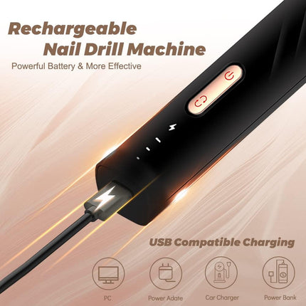 Nail Drill Electric Nail Files Professional Rechargeable Electric Nail Drill Machine with Ceramic Nail Bit for Beginners, Nail Drill Machine Set for Polish Nails, Manicure and Pedicure Tools (Black)