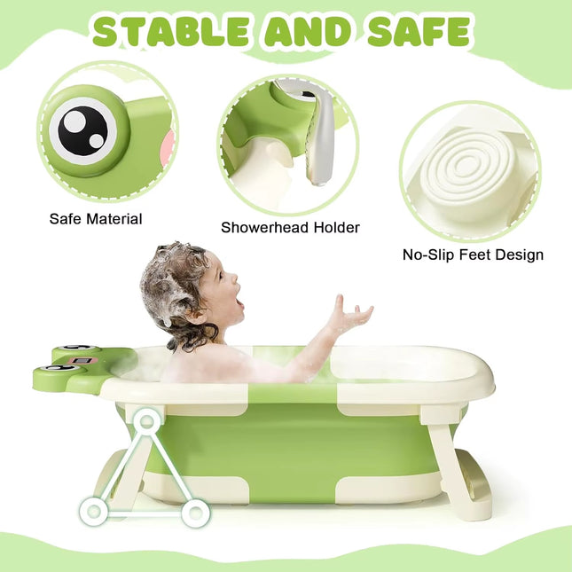 Baby Bath Tub with Bath Cushion Foldable Bathtub with Thermometer Shower Cap Shower Brush for Newborn and Toddler 0-36 Months